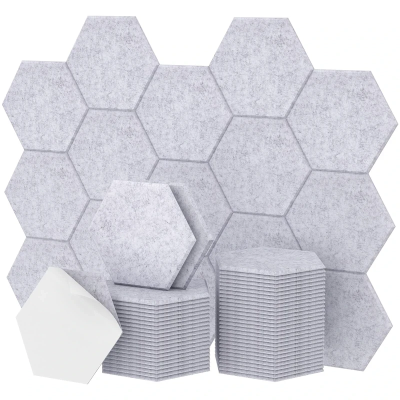48 Pack Hexagon Acoustic Panels Self-adhesive, TONOR 30x26x0,9cm High Density Sound Proof Panels for Walls, Sound Deadening Insulation Treatment Sound Absorbing Padding for Studio, Office, Home, Grey