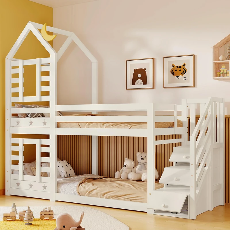Merax Wooden Bunk Beds for Kids, 3FT Loft Bed with Storage Ladder and Guard Rail, Single Bed with Slatted Frame, Space-Saving Kids Bed Treehouse Canopy Design, White, 90x190 cm (No Mattress)
