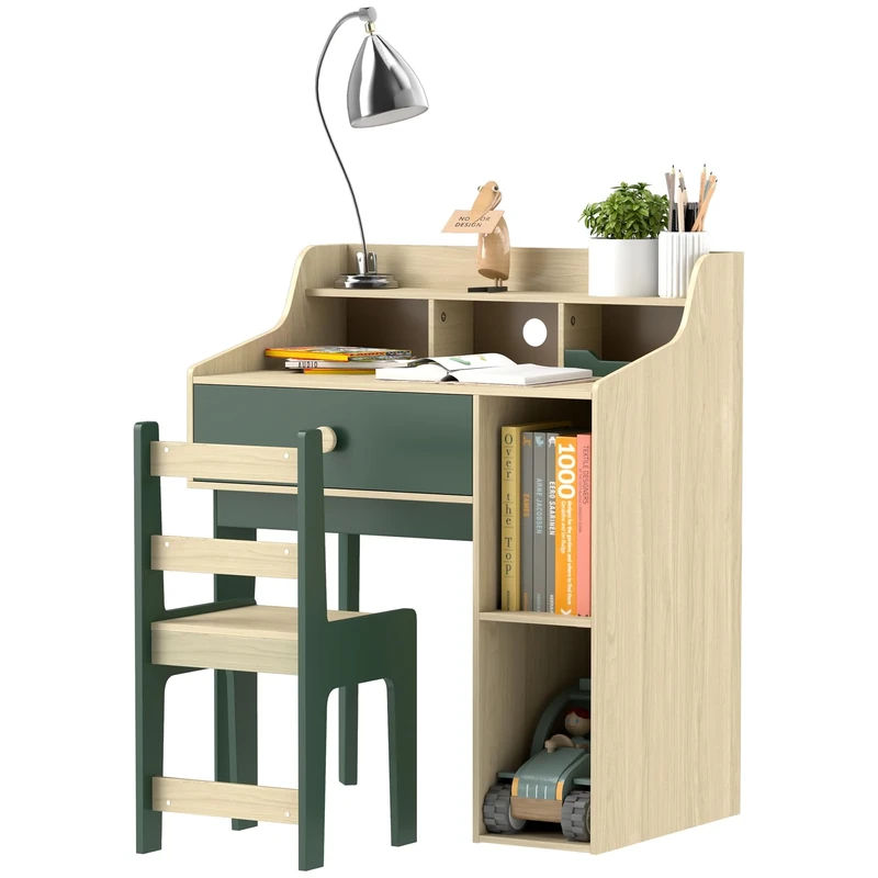 AIYAPLAY Kids Desk and Chair Set, Children Study Table and Chair Set with Hutch, Drawer, Storage Shelves for Studying, Reading, Drawing, for Ages 3-10 Years, Green