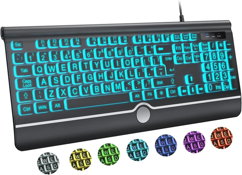 BERGUF Large Print Backlit Keyboard with Wrist Rest - 7 Color Wired