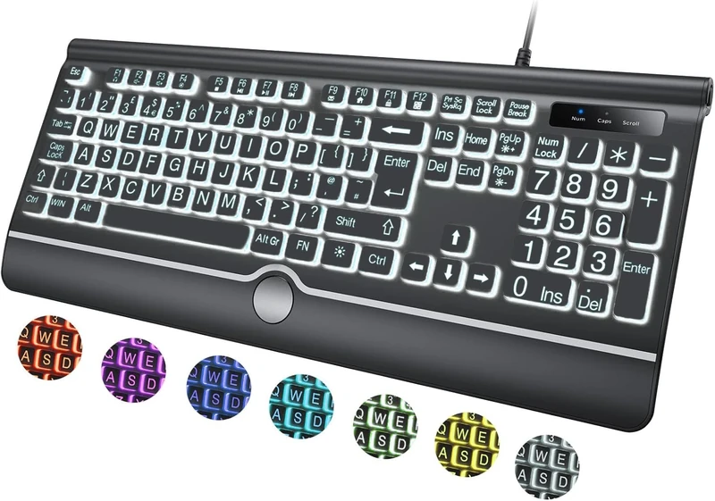 BERGUF Large Print Backlit Keyboard - Wrist Rest 7 Colors Plug & Play
