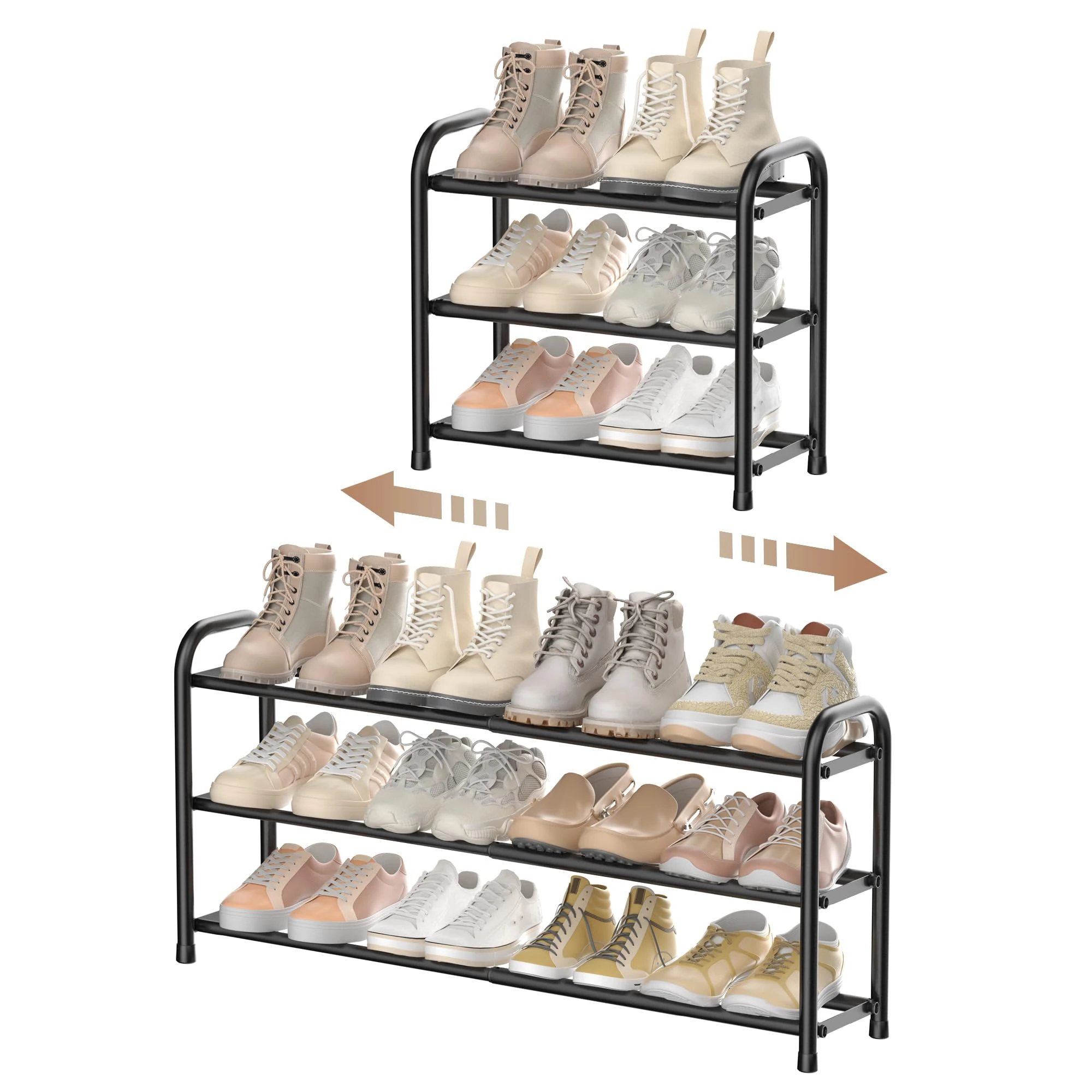 ENJOYBASICS Expandable Shoe Rack, 3 Tier Adjustable Shoe Organizer Shelf for Closet, Black Metal Free Standing Shoe Rack Storage for Small Space, Entryway