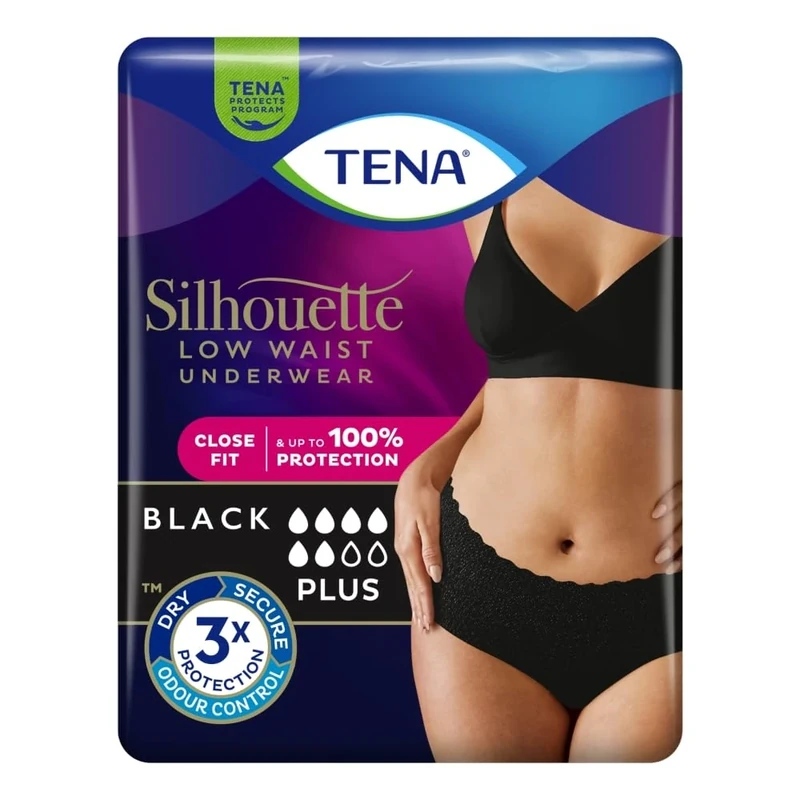 TENA Silhouette Plus Pants Low Waist Underwear, Black, Medium Size, 100% Protection, Close Fit | Women Incontinence Underwear | 1 Pack of 12