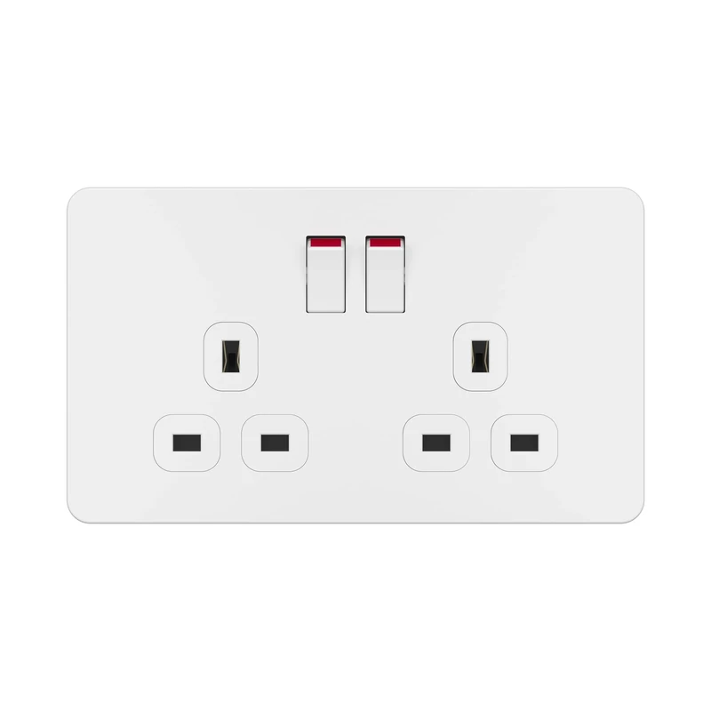 LIDER 2-Gang Switched 13A Socket, Double-Pole Plug Socket with Control Switches, Child-Proof Shutter, Screwless Plastic Plate Cover, UKCA Certified, Thermoplastic, Glossy Finish, White