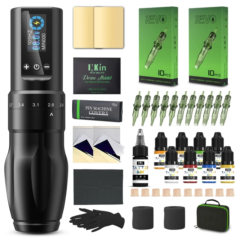 INKin Tattoo Gun Kit, Soultats Wireless Tattoo Machine Pen with 2.0mm - 4.0mm Adjustable Stroke Length and 1600mAh Power Supply, Complete Set with Mixed Revo Cartridges Needles and 8Pcs Tattoo Ink