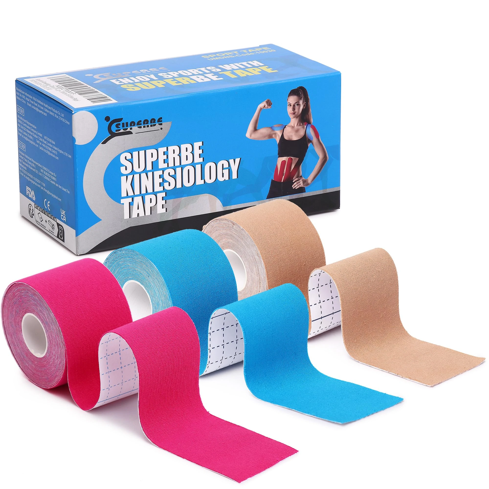 Superbe Precut Kinesiology Tapes (3 Rolls Pack), Sports Tape Muscle Tape for Pain Relief, Muscle Support, Recovery and Physio Therapy (Beige Blue Pink)