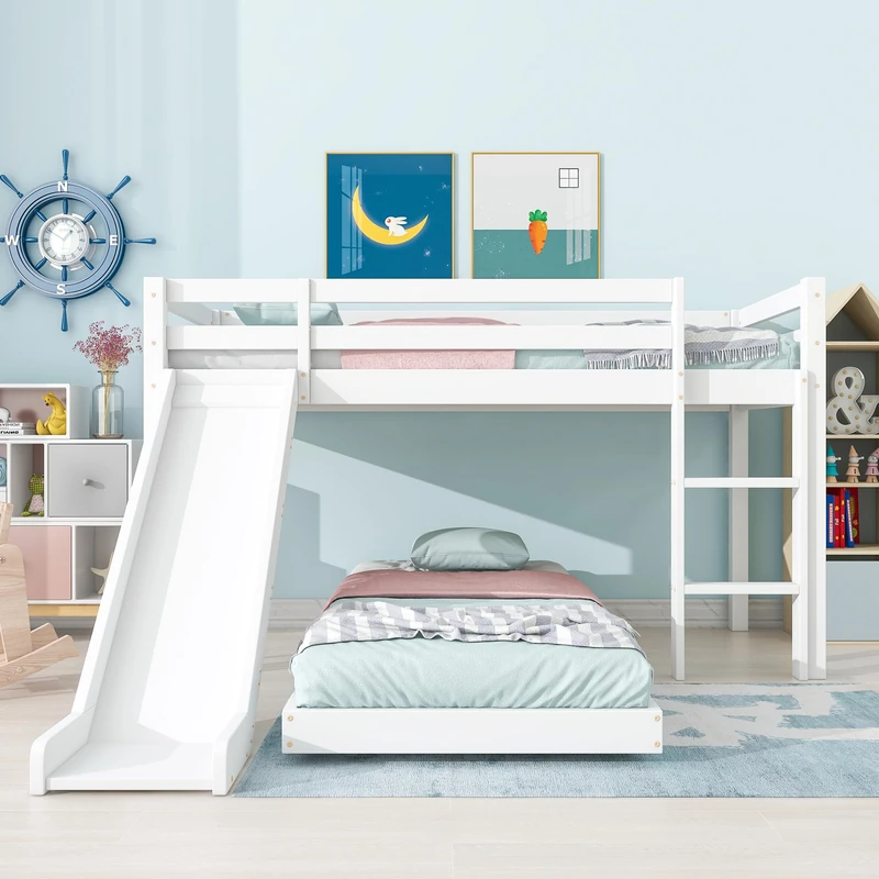 Merax Wooden Bunk Beds for Kids with Slide, Stairs and Guard Rail, Space-Saving Single Bed with Slatted Frame, Adjustable Lower Frame, White, 90x190 cm + 90x200 cm(No Mattress)