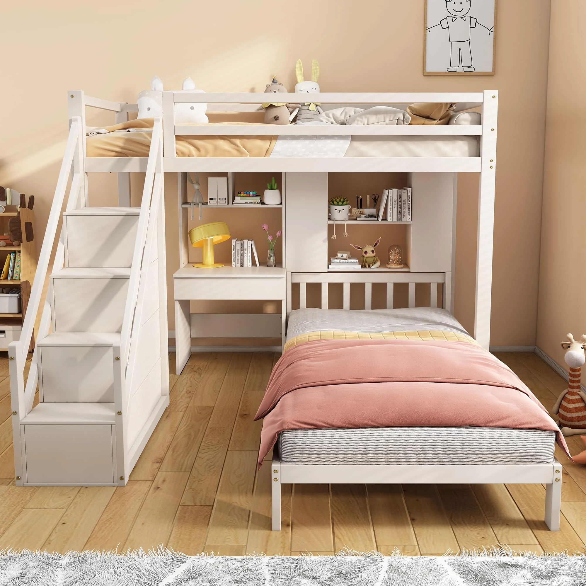 Merax Wooden Bunk Beds for Kids, 3FT Loft Bed with Stairs and Guard Rail, Single Bed with Slatted Frame, Space-Saving Kids Bed with Desk and Shelves, Ample Storage Space, White, 90x190 cm(No Mattress)