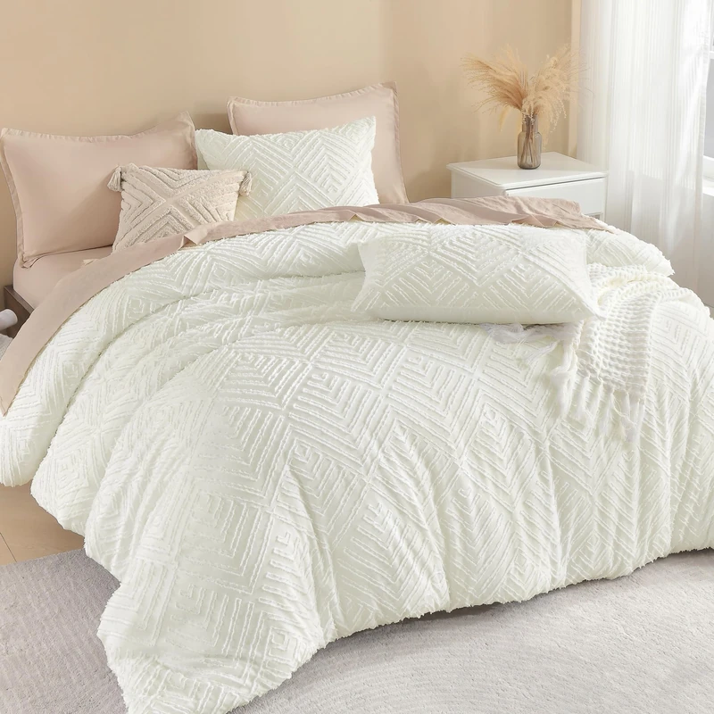 Litanika Oversized King Comforter Set, 3 Pcs Ivory Tufted Boho Bedding Set