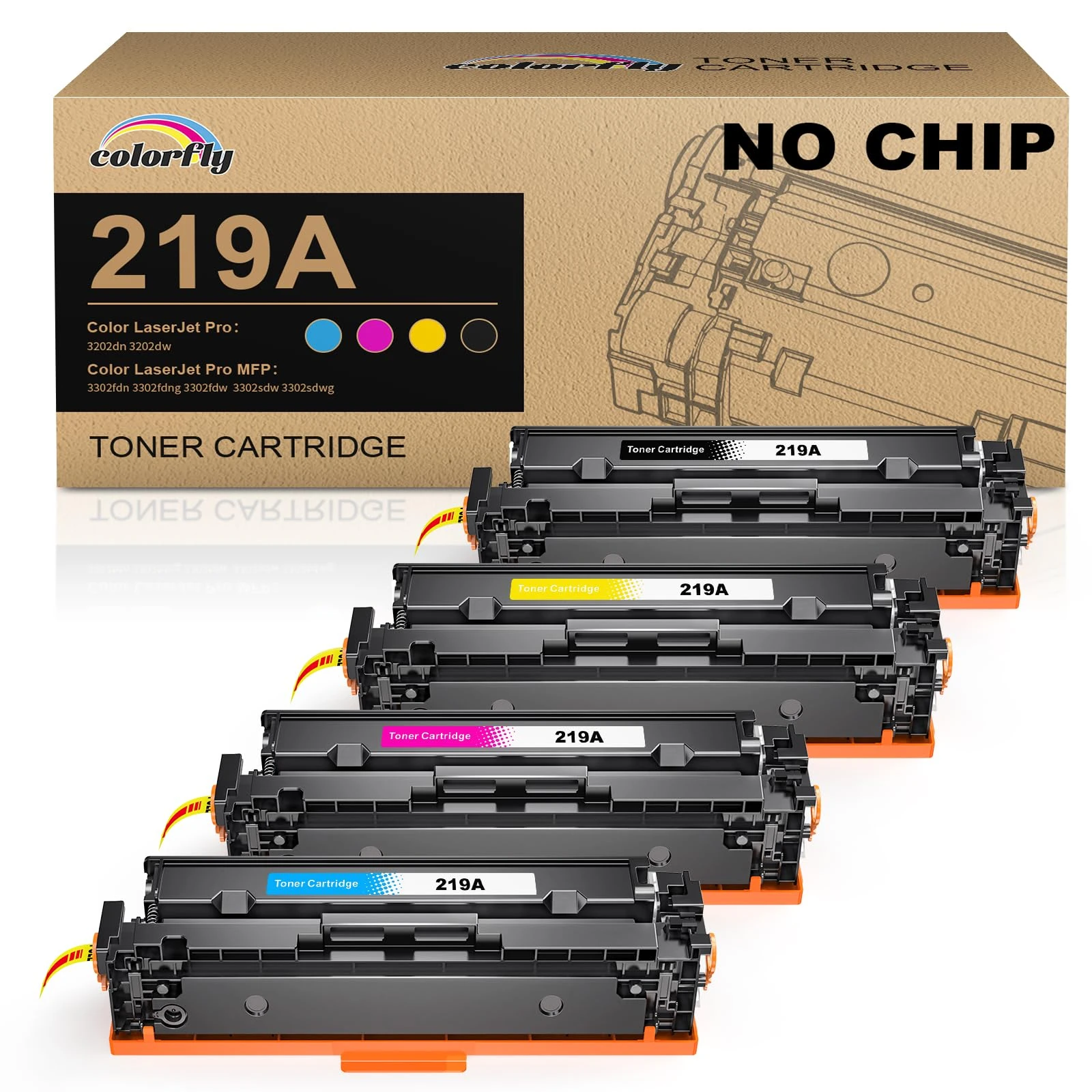 colorfly 219A Toner Cartridge Compatible for 219X W2190X W2191A W2192A W2193A as Replacement with Color LaserJet Pro 3202dn 3202dw MFP 3302fdn 3302fdng 3302fdw 3302sdw 3302sdwg (NO CHIP)