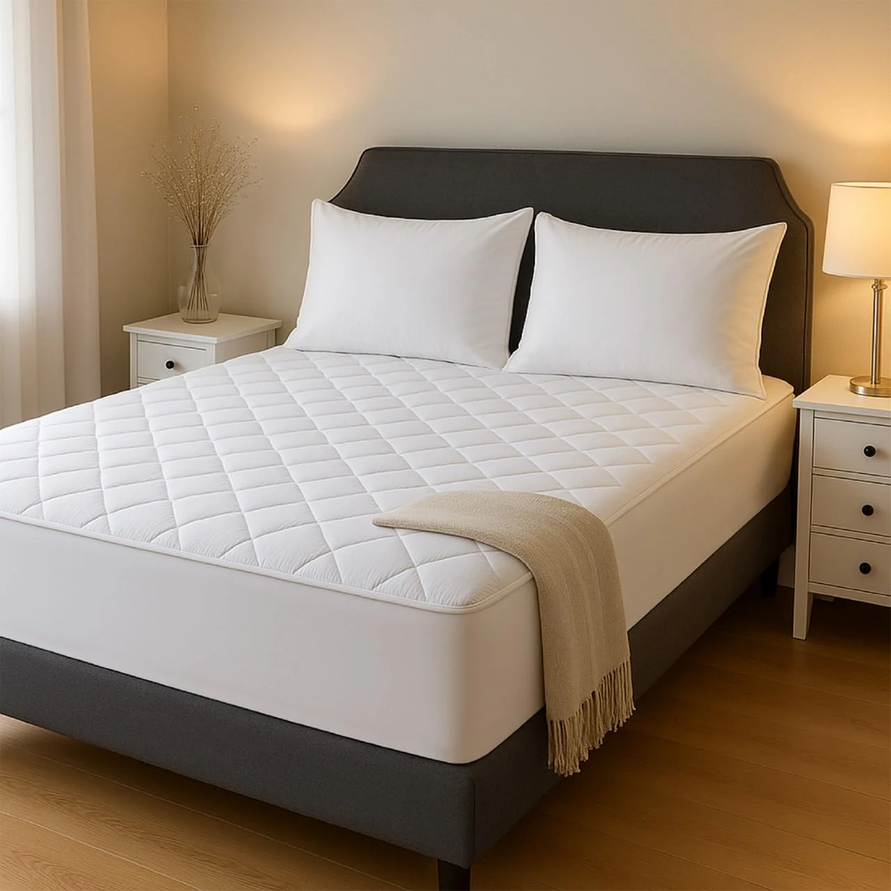 Acrali Home Quilted Double Mattress Protector, UltraSoft 3-Layer Design with Deep Fitted Skirt, Breathable & Anti-Allergy – Machine Washable Bed Cover (137x190+35cm)