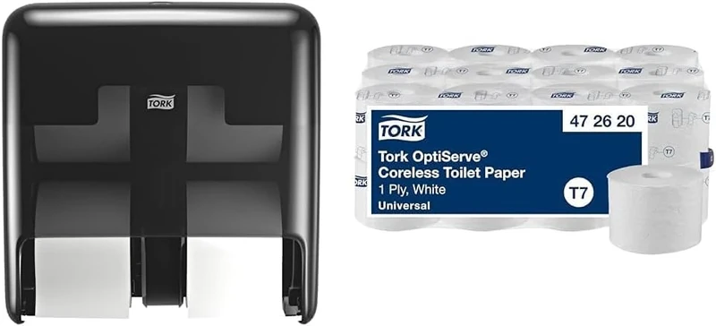 Tork OptiServe Dispenser & Toilet Paper Bundle: 4-Roll Coreless Toilet Paper Dispenser, Black + Tork Coreless Toilet Paper, Universal, 1 Ply, 24 x 1250 Sheets