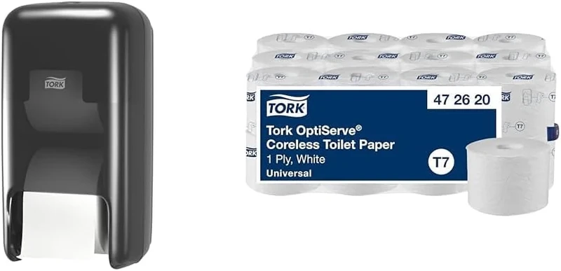Tork OptiServe Dispenser & Toilet Paper Bundle: 2-Roll Coreless Toilet Paper Dispenser, Black + Tork Coreless Toilet Paper, Universal, 1 Ply, 24 x 1250 Sheets