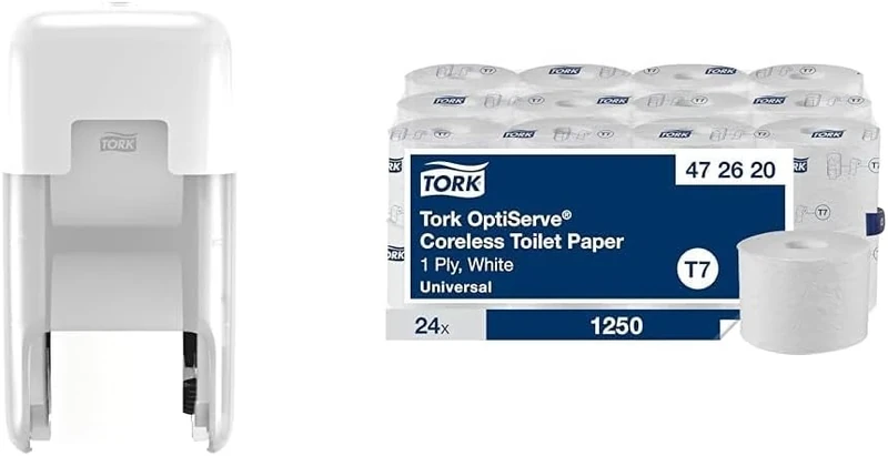 Tork OptiServe Dispenser & Toilet Paper Bundle: 2-Roll Coreless Toilet Paper Dispenser, White + Tork Coreless Toilet Paper, Universal, 1 Ply, 24 x 1250 Sheets