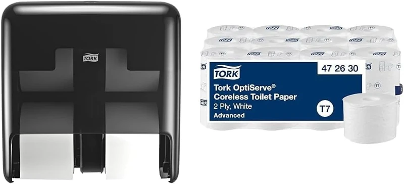 Tork OptiServe Dispenser & Toilet Paper Bundle: 4-Roll Coreless Toilet Paper Dispenser, Black + Tork Coreless Toilet Paper, Advanced, 2 Ply, 24 x 820 Sheets