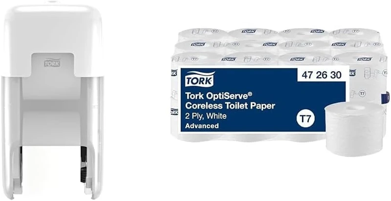 Tork OptiServe Dispenser & Toilet Paper Bundle: 2-Roll Coreless Toilet Paper Dispenser, White + Tork Coreless Toilet Paper, Advanced, 2 Ply, 24 x 820 Sheets