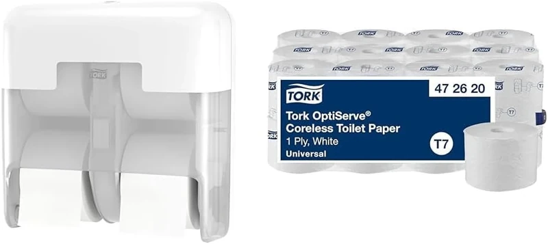 Tork OptiServe Dispenser & Toilet Paper Bundle: 4-Roll Coreless Toilet Paper Dispenser, White + Tork Coreless Toilet Paper, Universal, 1 Ply, 24 x 1250 Sheets