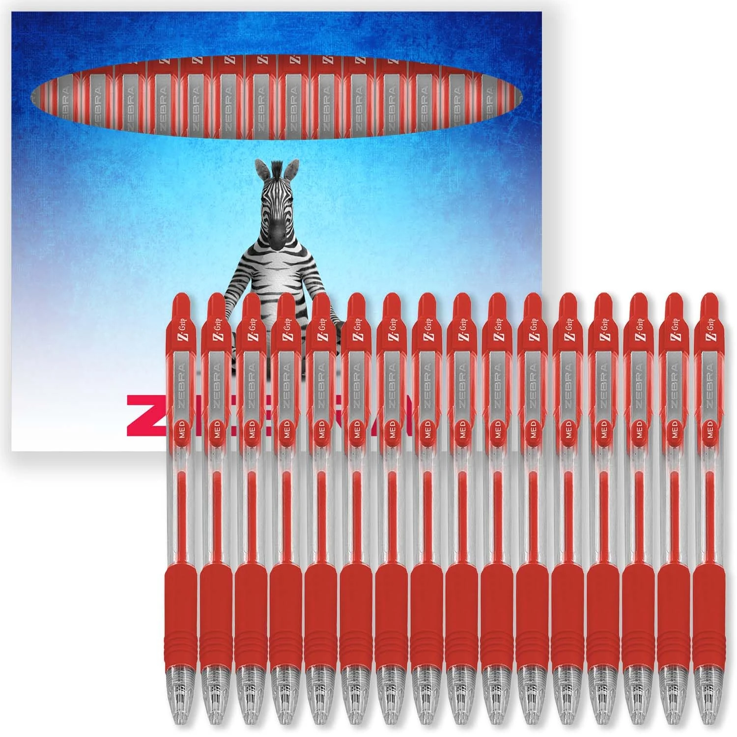 Zebra Pen Z-Grip Retractable Ballpoint Pens - 1.0mm Nib - Pack of 16 - In Cardboard Gift Box - School, Writing, Work, Office (Red)