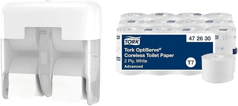 Tork OptiServe Dispenser & Toilet Paper Bundle: 4-Roll Coreless Toilet Paper Dispenser, White + Tork Coreless Toilet Paper, Advanced, 2 Ply, 24 x 820 Sheets