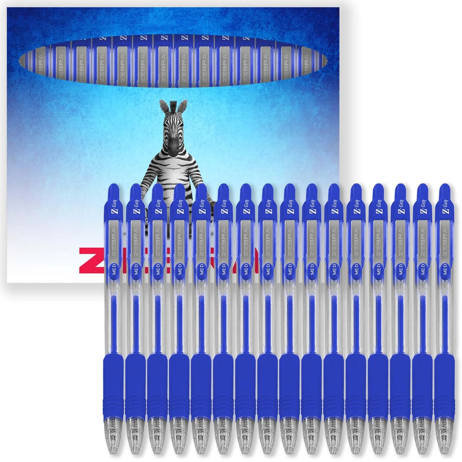 Zebra Pen Z-Grip Retractable Ballpoint Pens - 1.0mm Nib - Pack of 16 - In Cardboard Gift Box - School, Writing, Work, Office (Blue)
