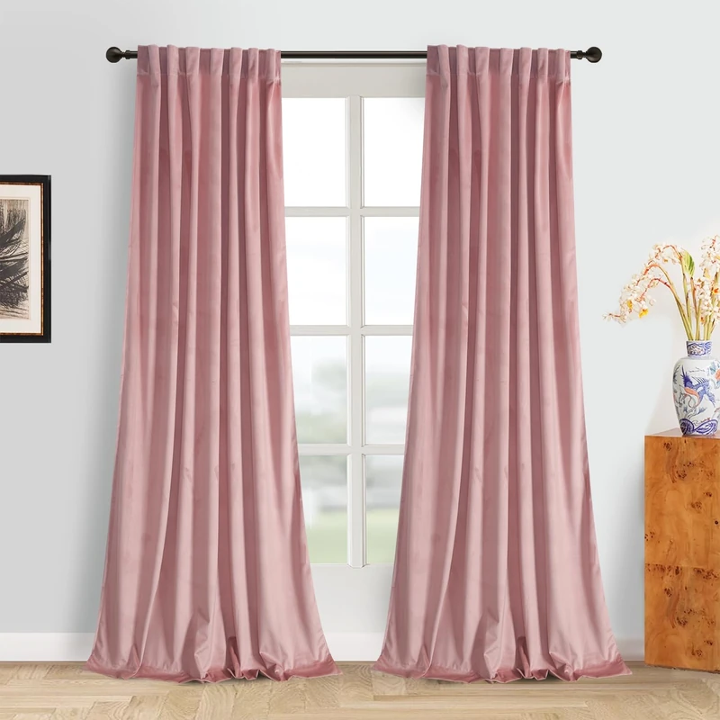 Roslynwood Luxury Soft Dusty Pink Velvet Curtains 108 inches Long Back Tab Thermal Insulated Blackout Window Drapes for Living Room/Bedroom/Dining Room, W52 x L108, 2 Panels