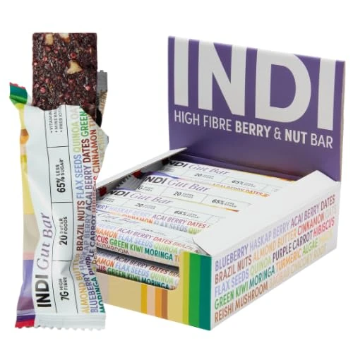 INDI High Fibre Gut Health Bars — Made of 20 Superfoods, Vegan & Gluten Free — Plant Based with Nuts, Seeds & Fruit — No Added Sugar, Natural Energy — 12 Pack, Made in UK