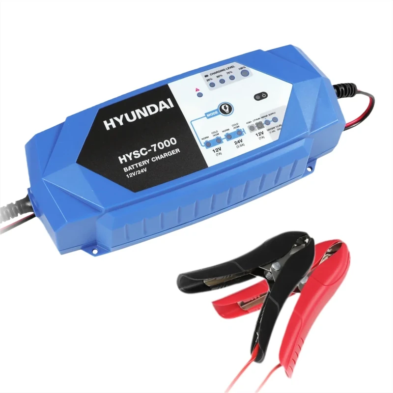 Hyundai Battery Charger HYSC-7000 | 12V/24V | Intelligent Charger for Car Battery, Motorcycle, Boat | AGM, AGM+, EFB, Gel, Wet, MF, 12V Lithium Ion, LIB | Temperature Compensation, Repair Mode