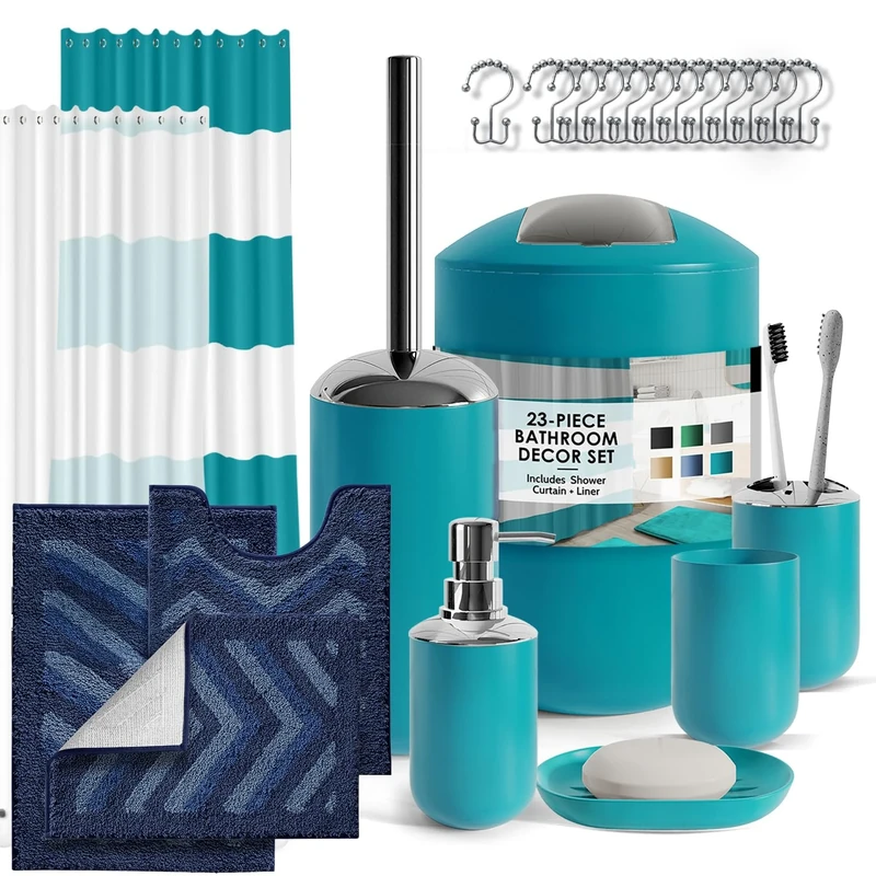 Clara Clark Bathroom Set - 23PC Shower Curtain Set with Bathroom Trash Can, Teal Bathroom Set, Bathroom Sets with Shower Curtain and Navy Rugs