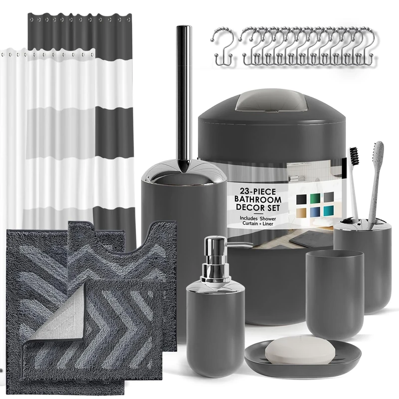 Clara Clark Bathroom Set - 23PC Shower Curtain Set with Bathroom Trash Can, Grey Bathroom Set, Bathroom Sets with Shower Curtain and Grey Rugs