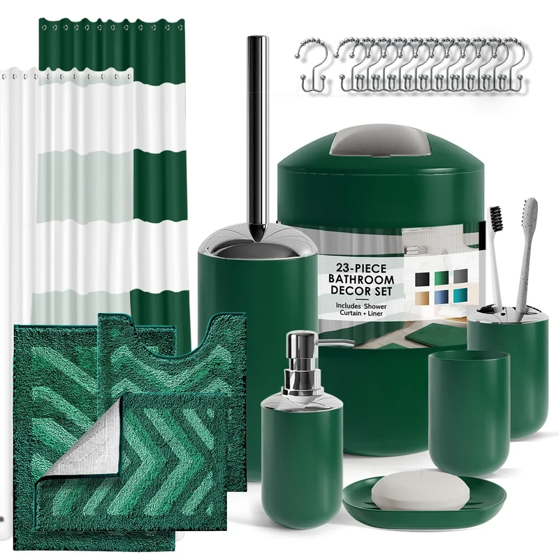 Clara Clark Bathroom Set - 23PC Shower Curtain Set with Bathroom Trash Can, Green Bathroom Set, Bathroom Sets with Shower Curtain and Green Rugs