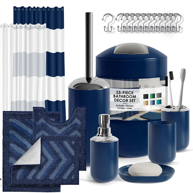 Clara Clark Bathroom Set - 23PC Shower Curtain Set with Bathroom Trash Can, Navy Bathroom Set, Bathroom Sets with Shower Curtain and Navy Rugs