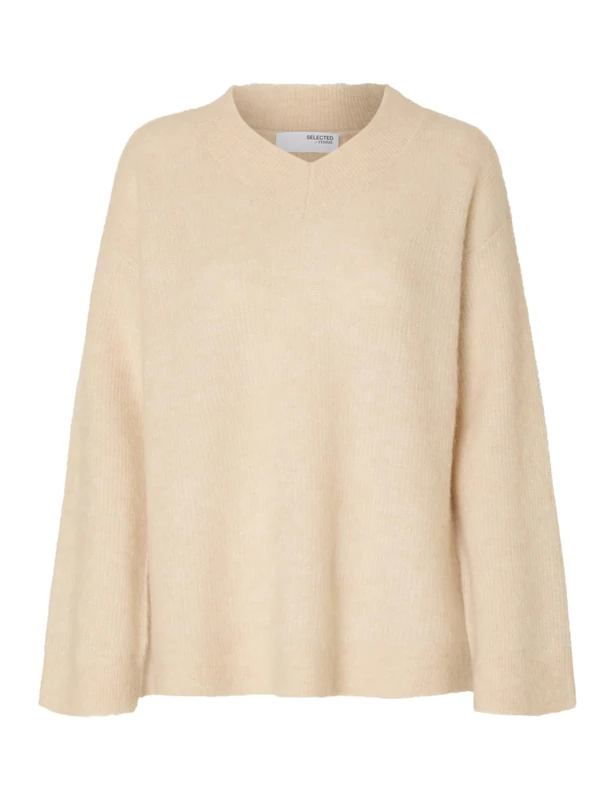 SELECTED FEMME Slfsia Ras Ls Knit Long V-Neck Noos, Birch, XL