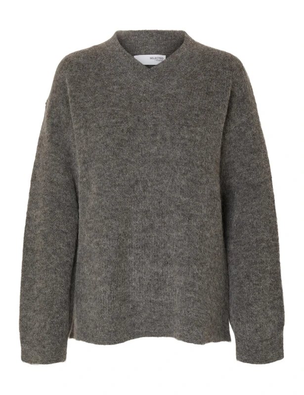 SELECTED FEMME Slfsia Ras Ls Knit Long V-Neck Noos, Medium Grey Melange, M