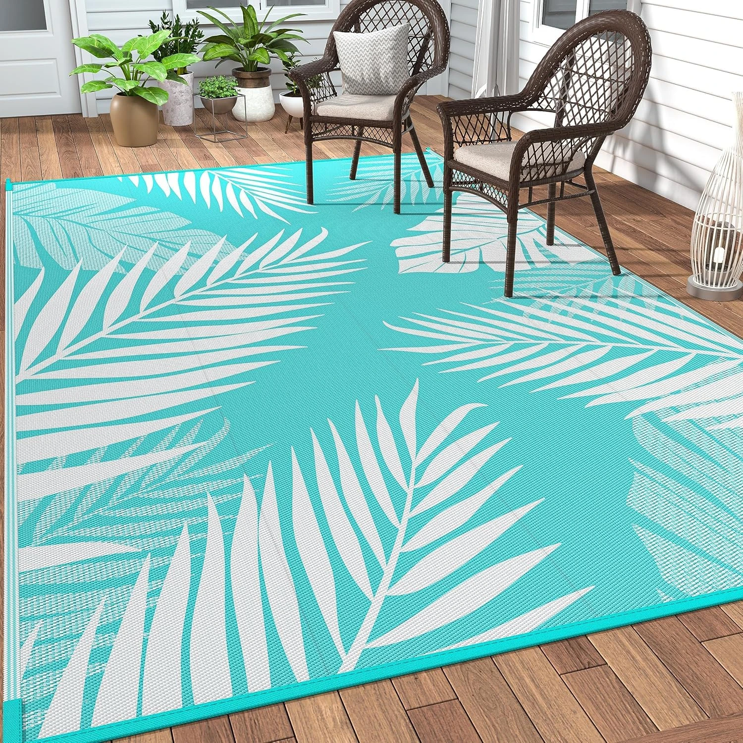 GENIMO Outdoor Rug 150x240cm – Waterproof Reversible Garden Carpet, Large Patio Rug UV Resistant & Washable for Balcony, Backyard, Picnic, RV – Aquablue & White