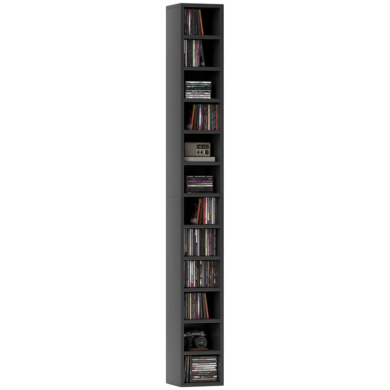 HOMCOM 204 CD Storage Unit, Storage Tower with 12 Cubes, 175cm Tall Bookcase for Living Room, Home Office, Study Room, Black