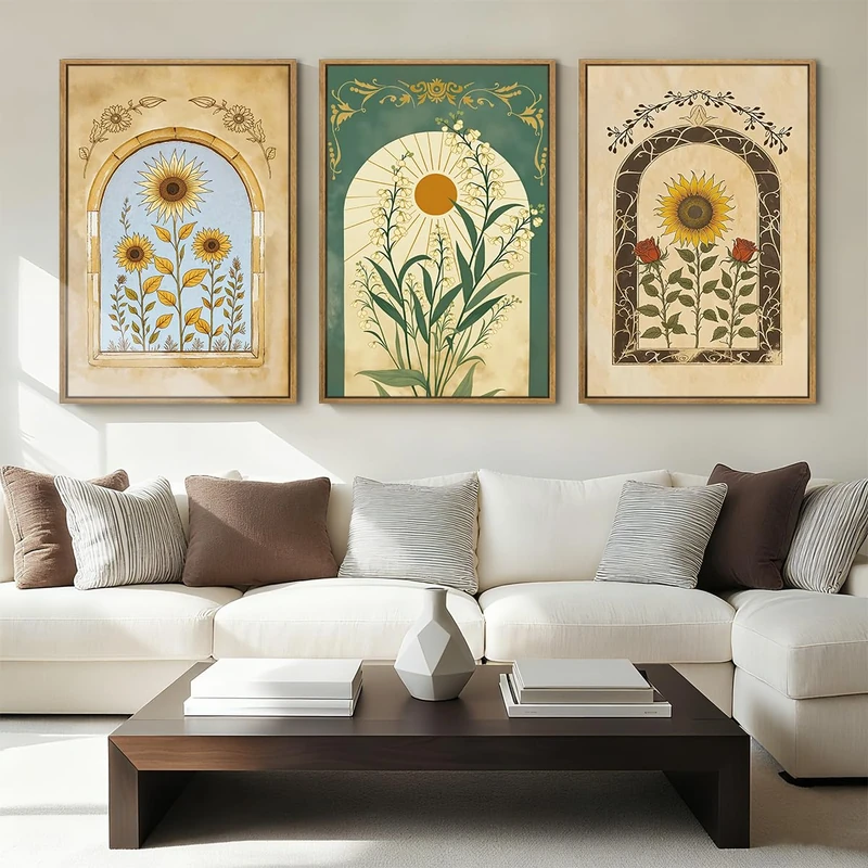 ANHUIB Vintage Boho Spiritual Wall Decor 16x24 Inch Botanical Wall Art Earthy Sunflower Illustration Set of 3 for Living Room Bedroom Office