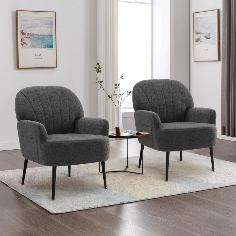 IWMH Armchair for Living Room, Teddy Fluffy Fabric Accent Chair for Bedroom, Reading TubChair Comfy Big Mid Century Occasional Chair, Metal Legs (Grey*2)