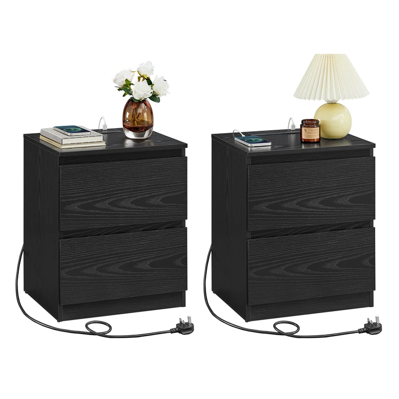 VASAGLE KAILYN Collection - Nightstands with Charging Station, Set of 2 Bedside Tables with Drawers, Side End Tables, 2 AC Outlets, 2 USB Ports, for Living Room, Bedroom, Study, Ebony Black LET821B01