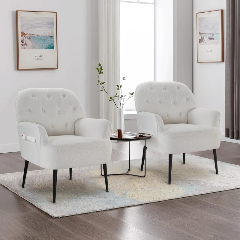 IWMH Armchair for Living Room, Teddy Fluffy Fabric Accent Chair for Bedroom, Reading TubChair Comfy Big Mid Century Occasional Chair, Metal Legs (White*2)