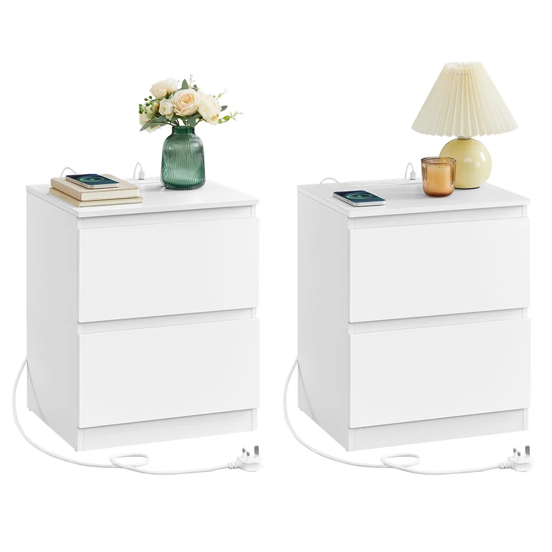 VASAGLE KAILYN Collection - Nightstands with Charging Station, Set of 2 Bedside Tables with Drawers, Side End Tables, 2 AC Outlets, 2 USB Ports, for Living Room, Bedroom, Study, Cloud White LET821W01