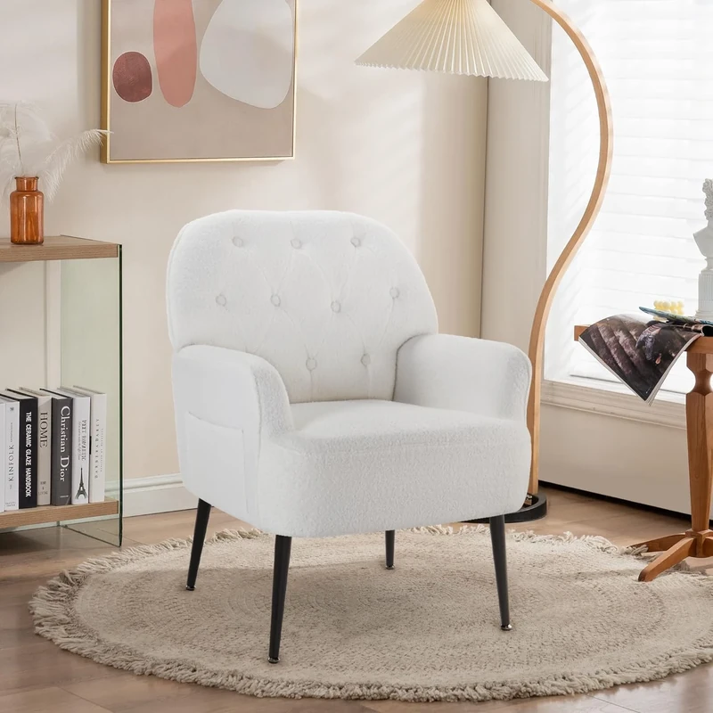 IWMH Armchair for Living Room, Teddy Fluffy Fabric Accent Chair for Bedroom, Reading TubChair Comfy Big Mid Century Occasional Chair, Metal Legs (White)