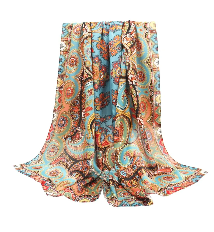 ANDANTINO 100% Silk Scarf 43" Large Square Lightweight Headscarf& Shawl–Women Hair Wraps-With Gift Packed, Paisley-blue, Large