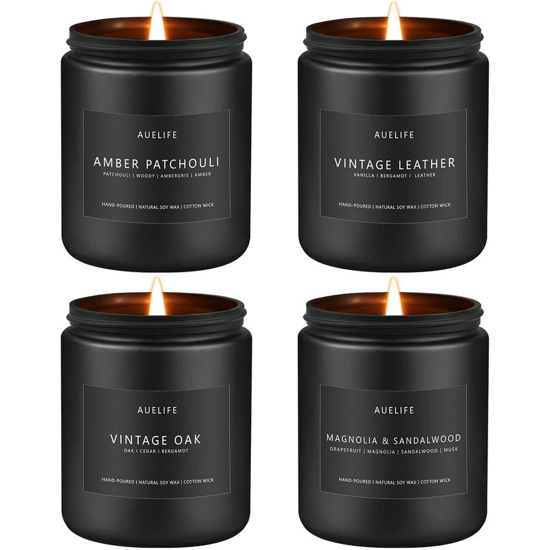 Auelife Scented Candles Set | Men's Candle Gifts - 4 Pack Soy Candles Scents of Vintage Leather, Vintage Oak, Amber Patchouli, Magnolia & Sandalwood