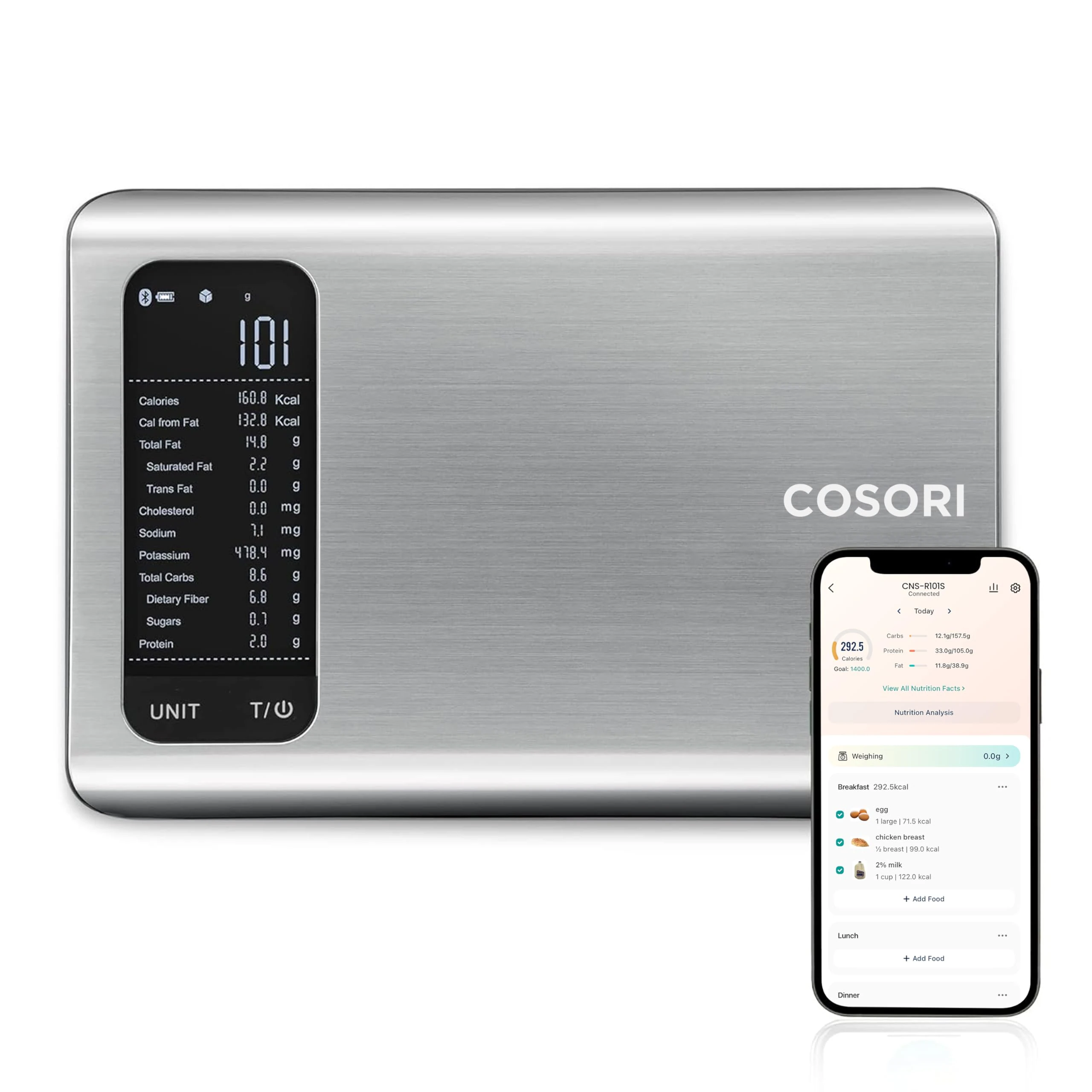 COSORI Smart Kitchen Scales Food with Nutritional Calculator, Nutrition Scale with 19 Nutrients Tracking, Calorie Counting for Weight Loss&Fitness, Free App&Bluetooth, Premium Stainless Steel, Silver
