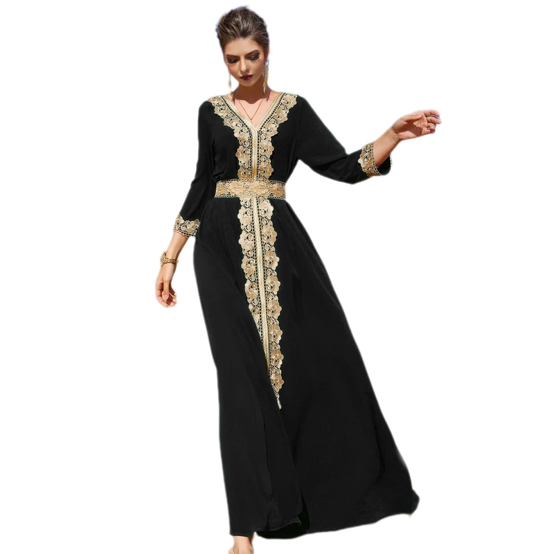 ODIZLI Abaya Dress for Women Dubai Sadui Bead Moroccan Kaftan Fancy Eid Dress, Black, M - Image 1