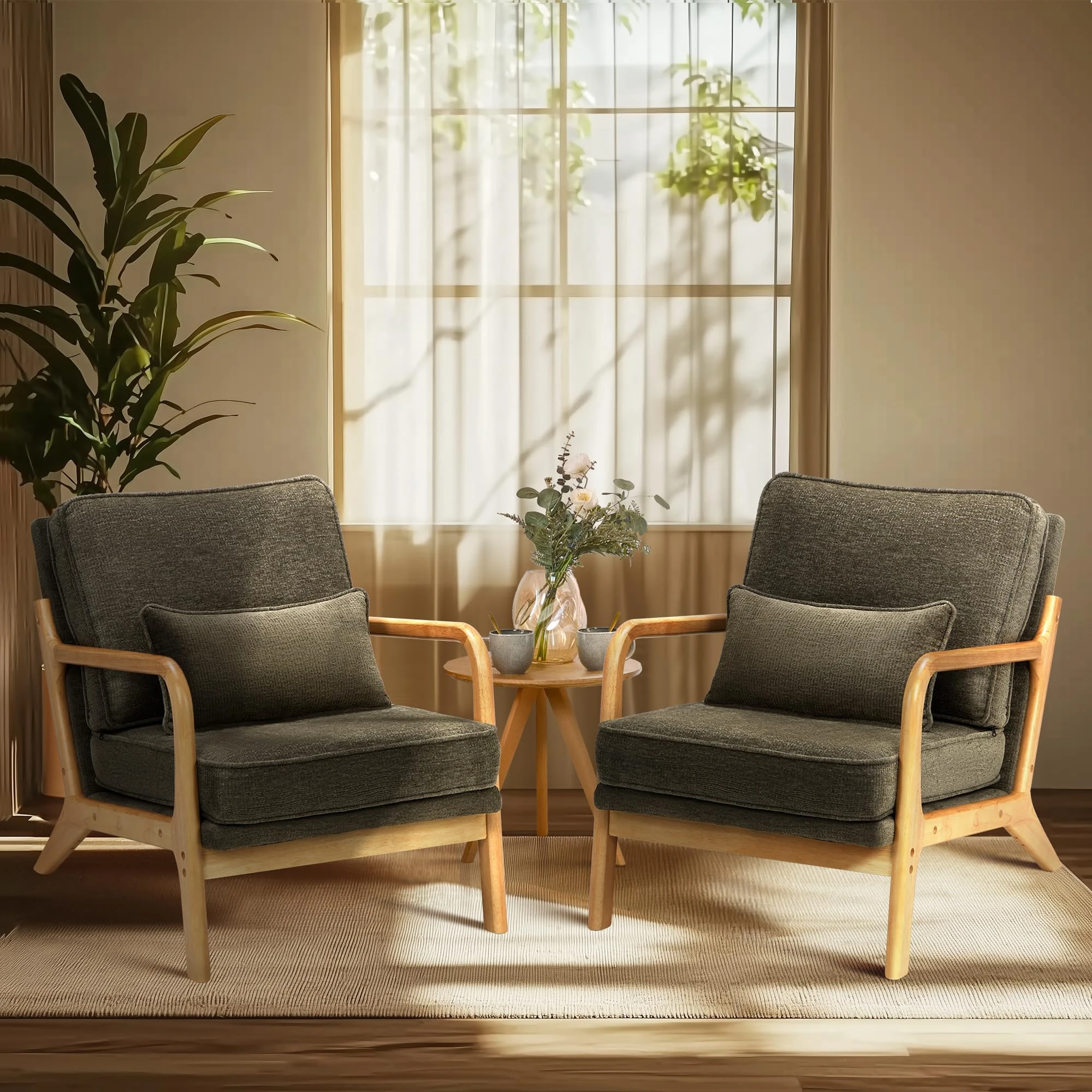 COLAMY Mid Century Modern Accent Chair Set of 2 with Lumbar Pillow, Relaxing Armchair with Solid Wood Frame & Soft Cushion, Reading Leisure Chair for Living Room（Green）