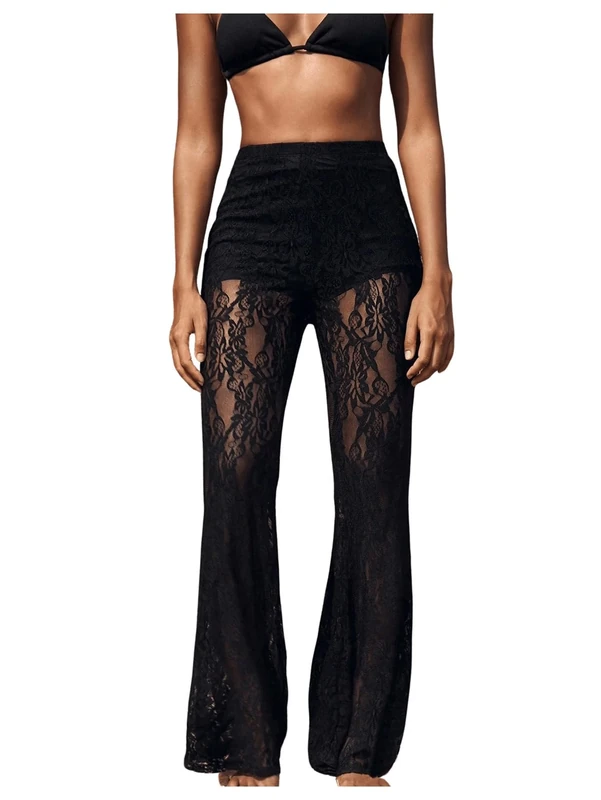 GORGLITTER Women's Lace Flared Trousers Sheer Bell Bottom High Waisted Sexy Going Out Party Club Pants Black L