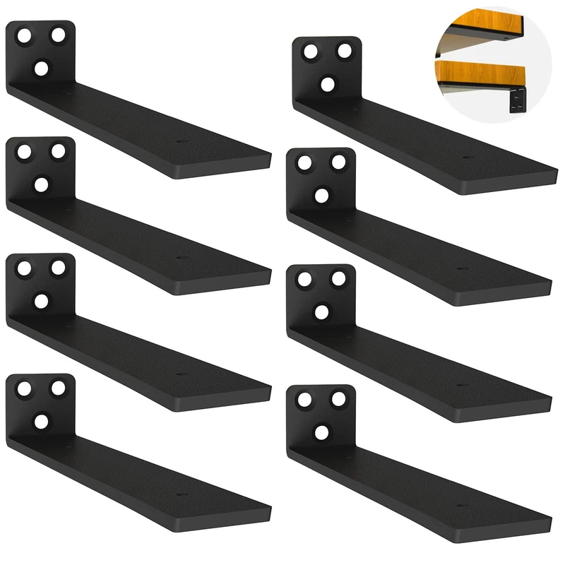 Heavy Duty Floating Shelf Brackets 8 inch, 8 PCS Wall Mounted L Shaped Support, Rustic Metal Shelf Brackets for Floating Shelves | Holds 150+lb (Black)