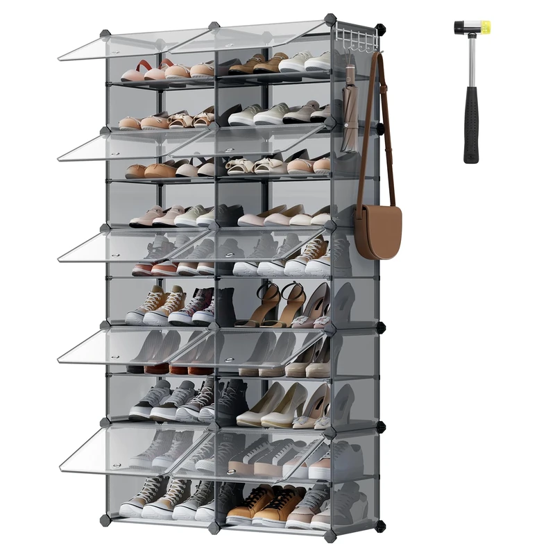 SONGMICS Interlocking Shoe Rack, Plastic Shoe Storage Cabinet, 10-Slot Modular Storage Organiser Unit, 30 x 40 x 30 cm for Each Slot, with Doors, Steel Frame, Plastic Panels, Slate Grey LPC035G01