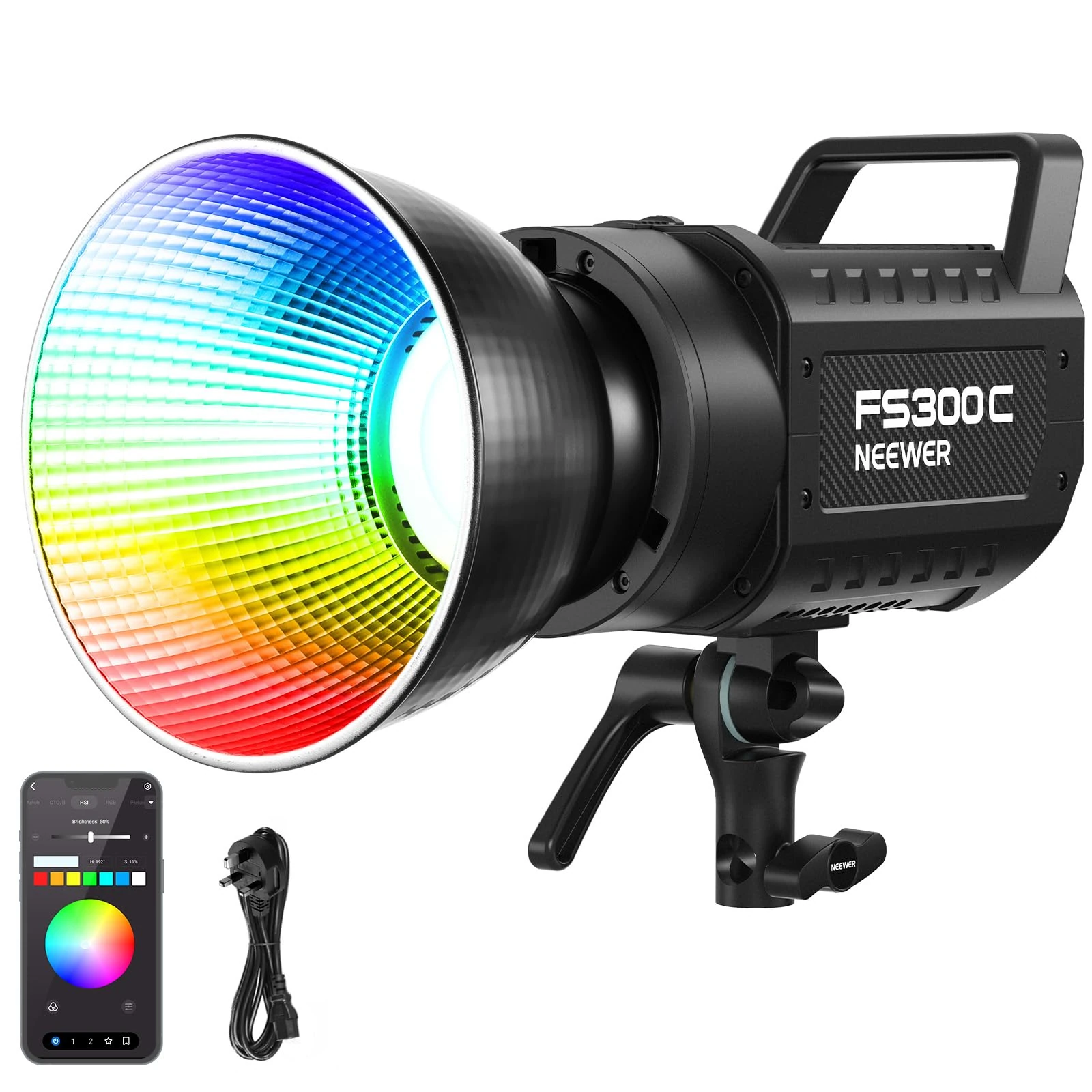 NEEWER 300W RGB LED Video Light APP/2.4G Control 17 Effects, 2500-7500K 29000lux/1m COB Continuous Output Lighting, CRI95+/TLCI97+ 4 Dimming Curves Bowens Mount Spotlight for Studio Shoots, FS300C
